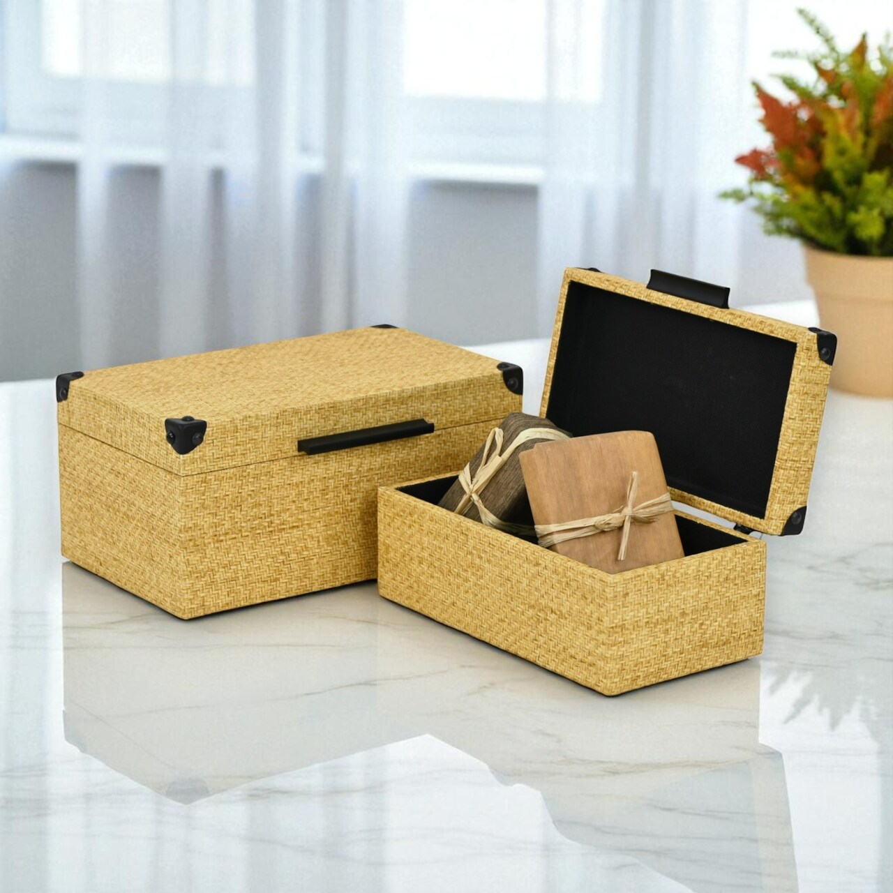 Contemporary Home Living Weave Style Wicker Rectangular Nesting Boxes - 12.25" - Beige - Set of 2